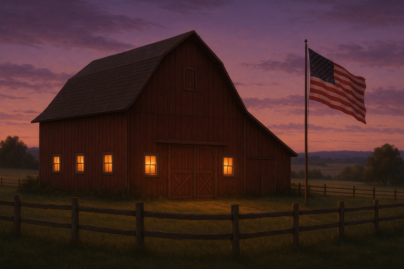 red barn with glowing windows in a americana setting